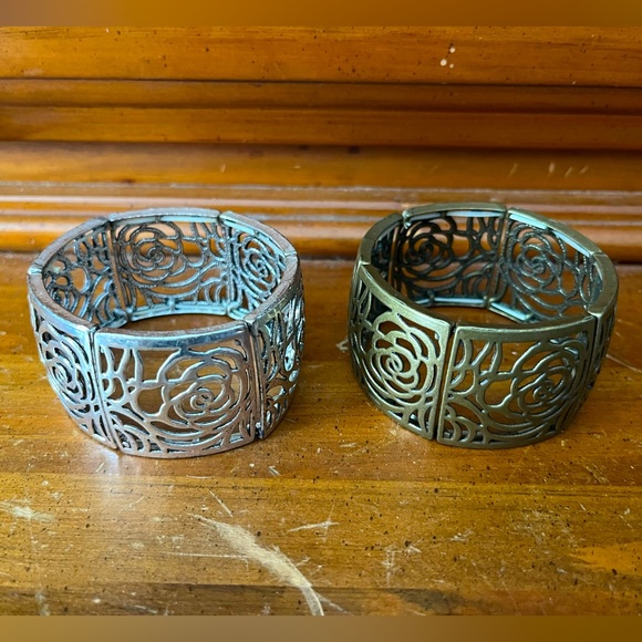Silver & Brass Rose Cutout Stretchy Bracelet Set! 2 Bracelets, 1 Price! - Picture 2 of 4